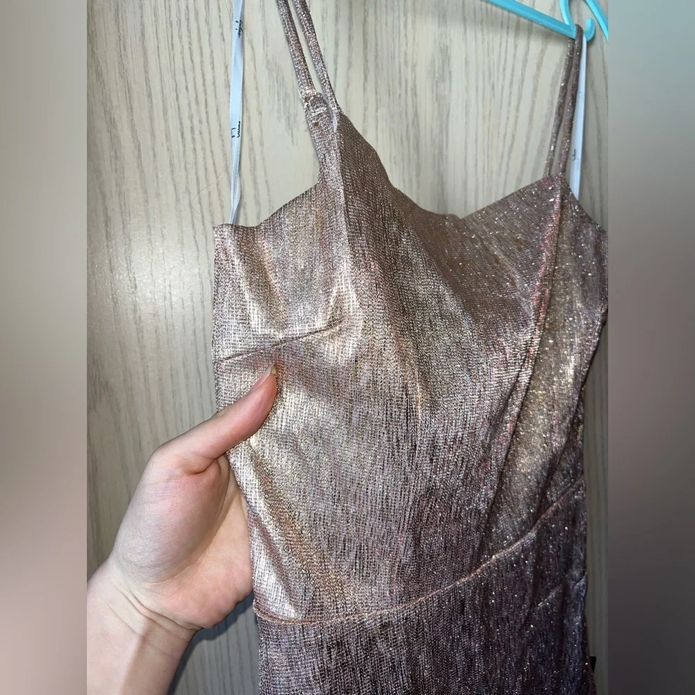 LULU’S- Gorgeously Glowing Shiny Rose Gold Mini Skater Dress - NWT - Picture 8 of 15